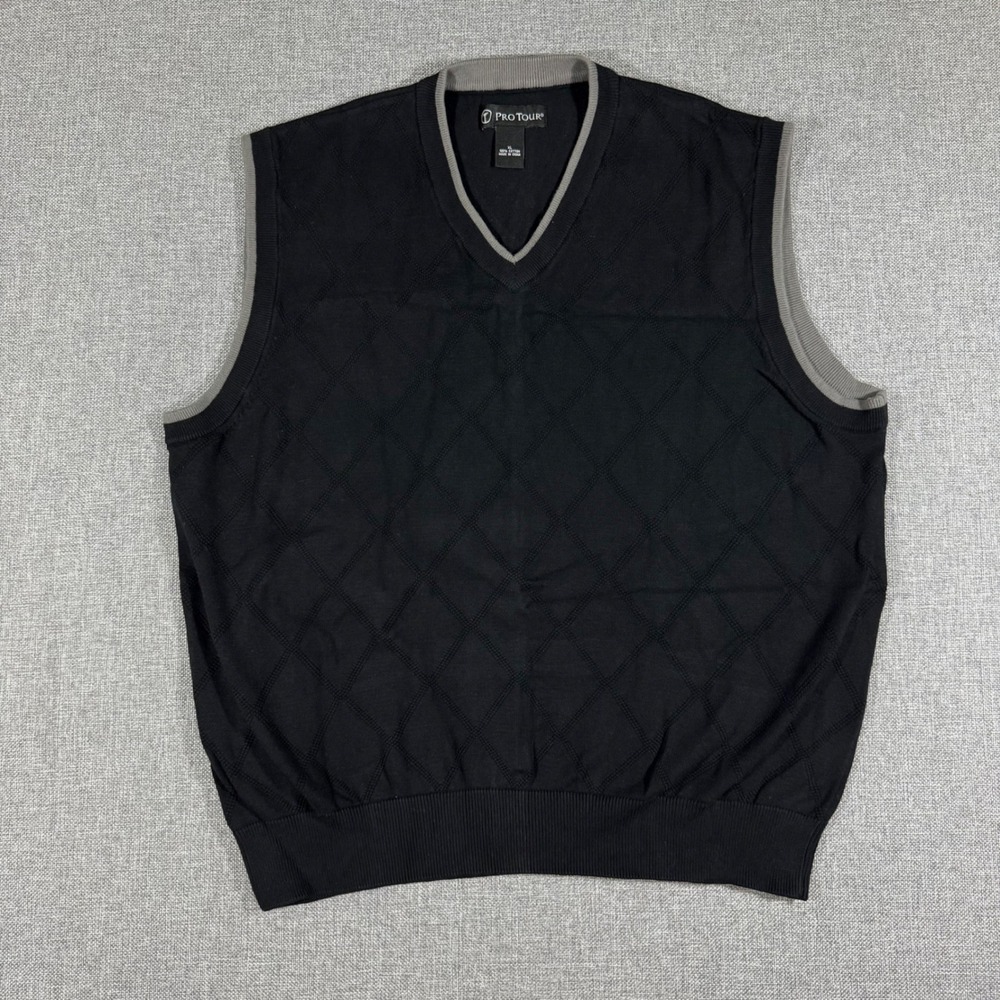 Pro Tour Sweater Vest Mens XL Black Gray Cotton Argyle Golf Preppy Grandpa Core